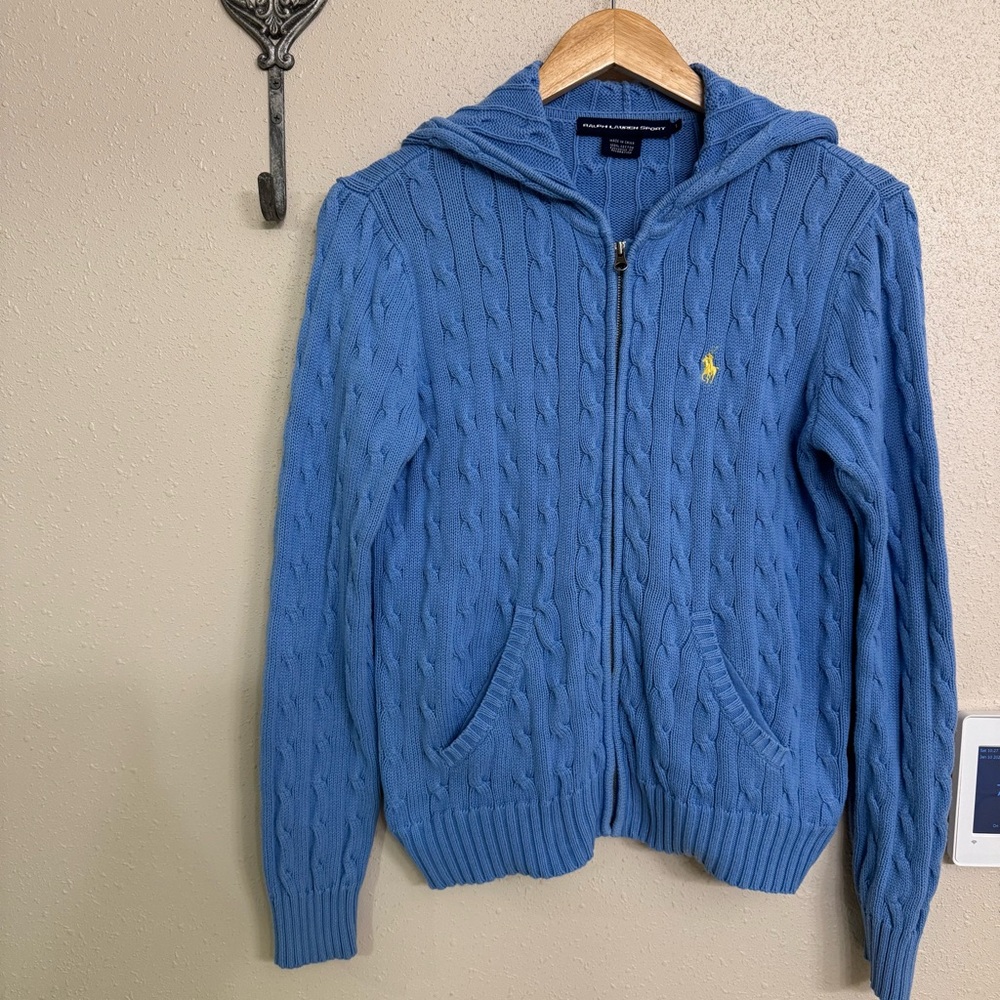 Ralph Lauren Sport Light Blue Zip-Up Cable Knit Sweater Cardigan L